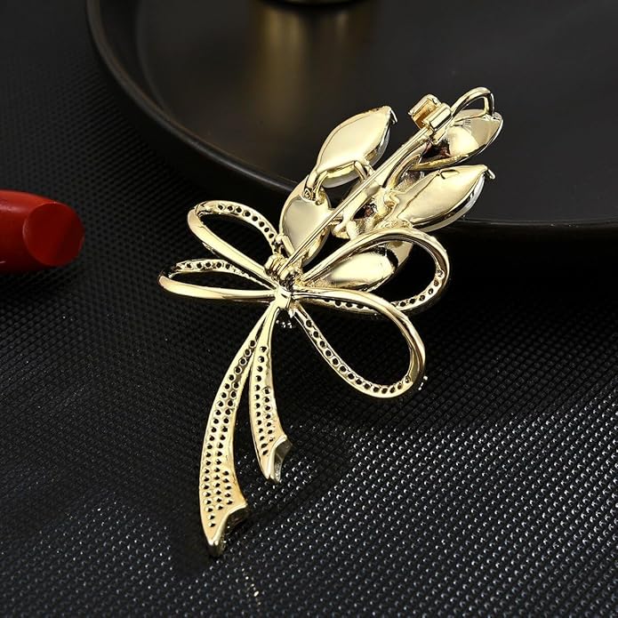 Bow Knot Pin Rhinestone Crystal Pearl Brooch 18k Gold Plated Lapel Pin Birthday Jewelry Gift for Women Men