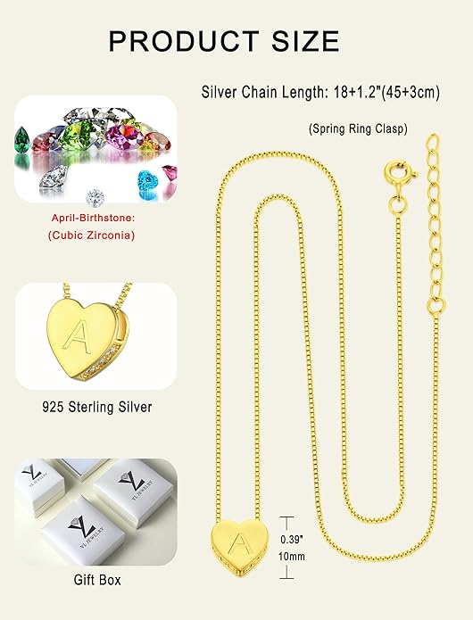 YL Initial Necklace 925 Sterling Silver Heart Letter Pendant A-Z Alphabet Cubic Zirconia Jewelry for Women