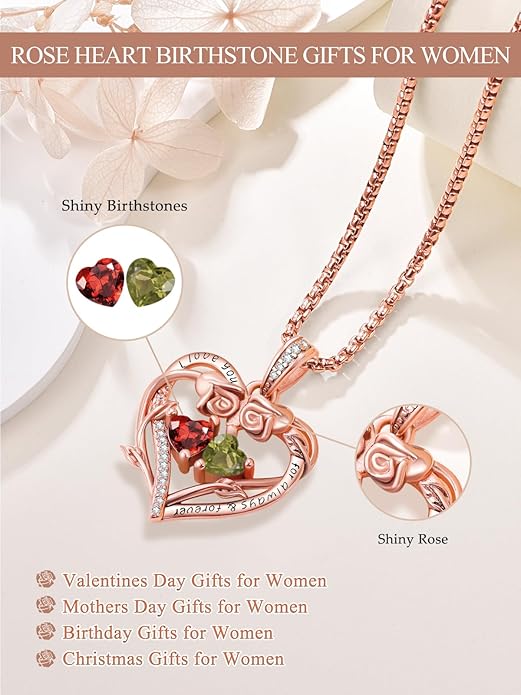 Rose Heart Necklaces for Women, Rose Gold Forever Love Jewelry with 2 Birthstones Pendant,Valentines Anniversarry Birthday Gifts for Her Wife Mom Grandma Daughter, 18+2 Inch Chain