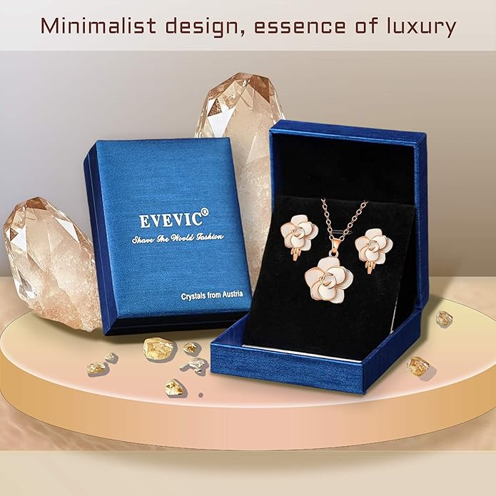 Dainty Rose Flower Pendant Necklace Clip On Earrings Set for Women 14K Gold Plated Hypoallergenic Jewelry Sets
