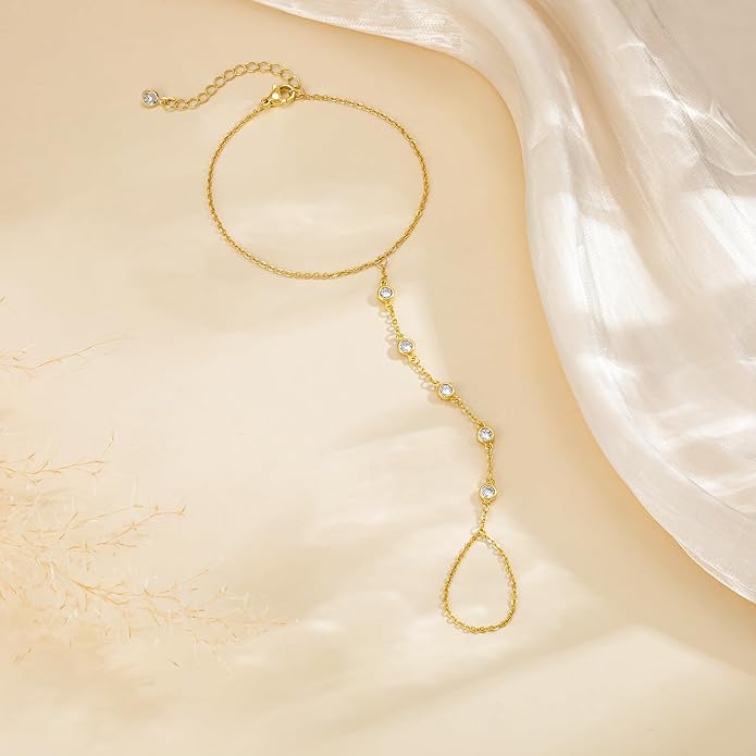 Valentine Gift 14K Gold Plated Hand Chain Bracelet for Women Trendy, 2 Pcs Stackable Gold/Silver Finger Ring Bracelet Hand Chain Dainty Non Tarnish Waterproof Set Jewelry Adjustable 7'+2