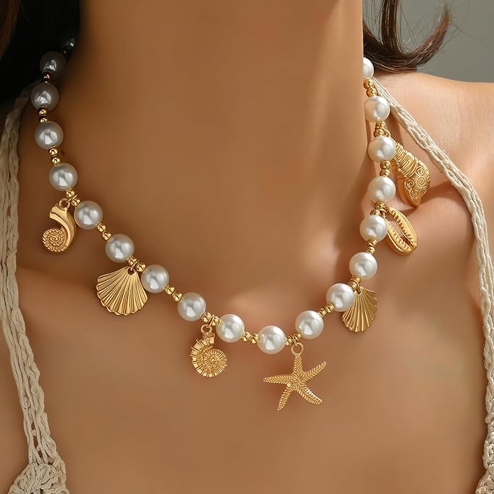 Shell Starfish Necklace for Women, 14k Gold Plated Boho Layered Beaded Charm Pendant Necklace, Dainty Adjustable Pearl Conch Summer Beach Vacation Jewelry Gifts