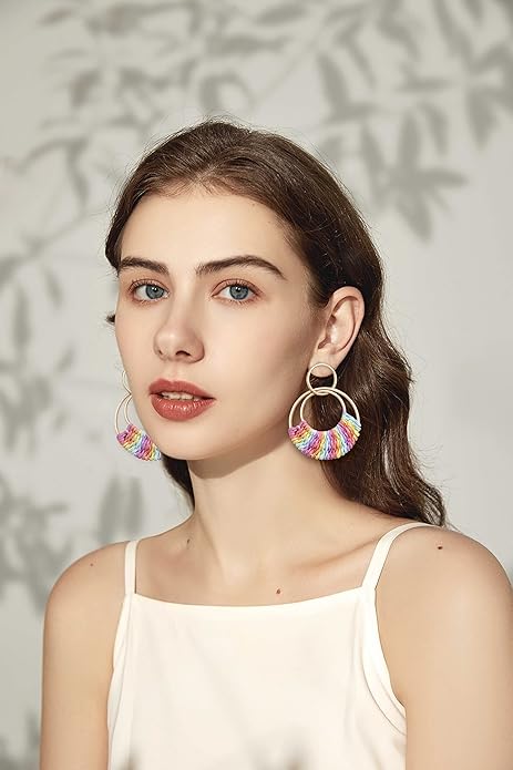 Raffia Hoop Earrings for Women Fun Boho Summer Beach Earrings Lightweight Handmade Straw Wicker Rattan Dangle Earrings Statement Geometric Round Drop Earrings