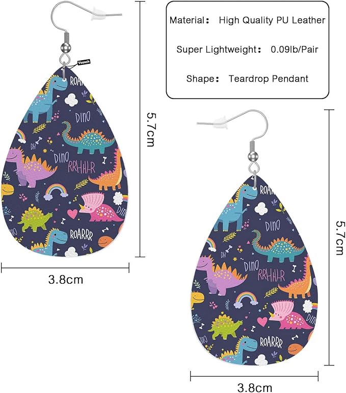 Dinosaur Leather Earrings For Women Cartoon Jungle Dinosaurs Rainbow Pattern Lightweight Water Drop Earrings Fashion Jewelry Teardrop Earrings For Friends