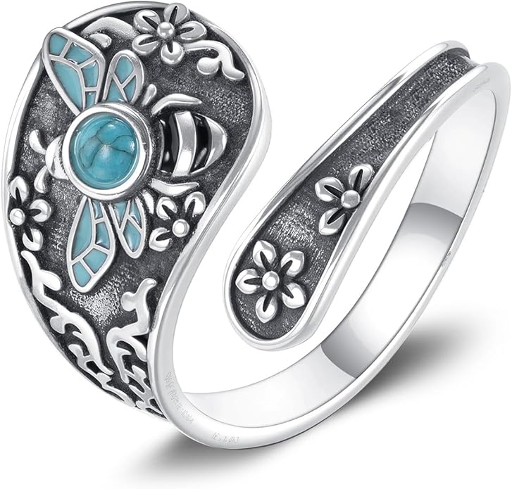 VONALA Vintage Sterling Silver Honeybee Spoon Ring with Crushed Turquoise, Symbolic Women's Jewelry, Meaningful Gift for Her, Mother's Day, Anniversary, Self-Love, Adjustable Size 6–8