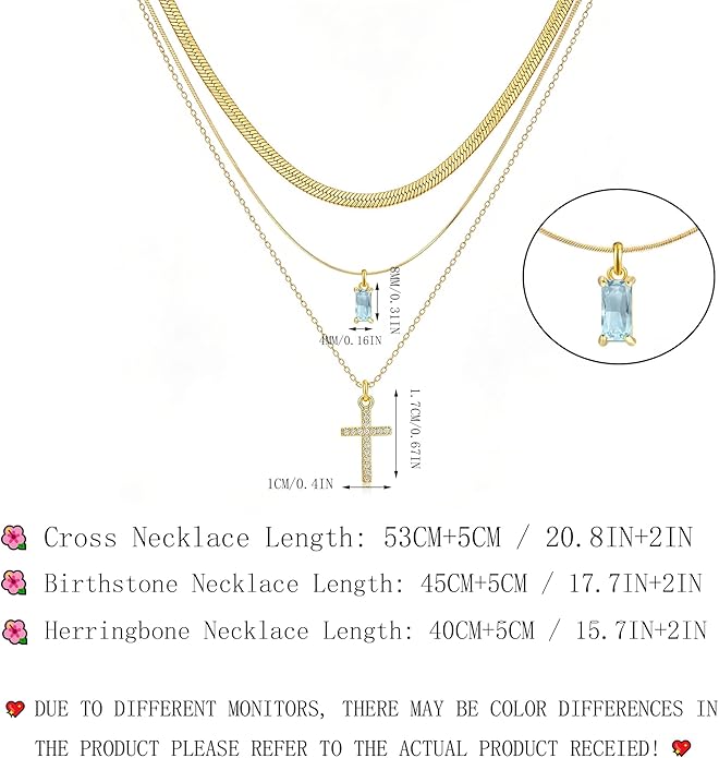 3Pcs Gold Layered Necklaces for Women, 14K Gold Plated Cross Necklace, Dainty Birthstone Necklace for Women, Herringbone Gold Necklaces Set, Stackable Women's Gold Pendant Necklaces Jewelry Set