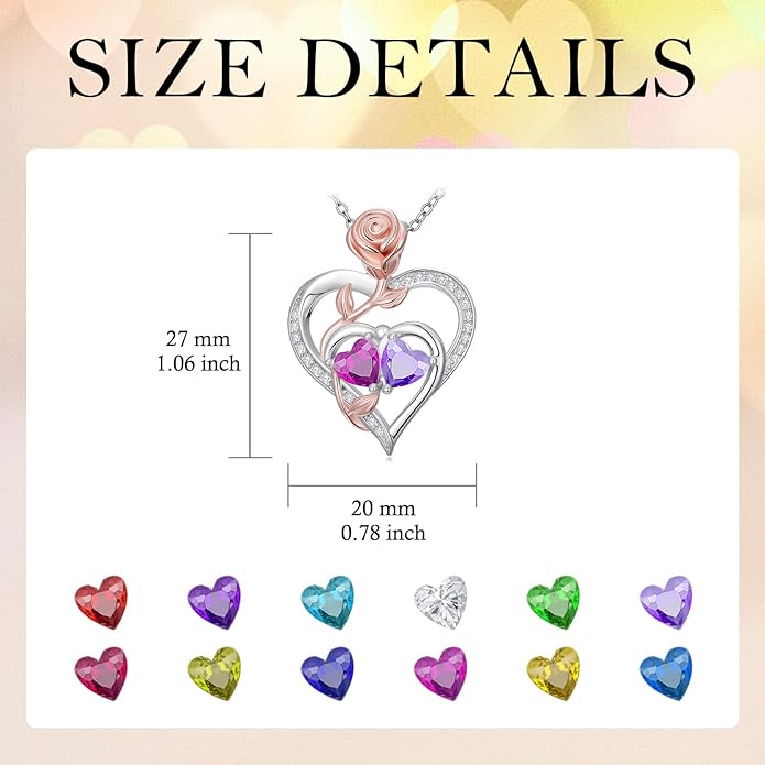 Rose Flower Heart Pendant for Women Birthday Gifts 18k Gold Plated Mother Daughter Necklace with 12 Months Birthstone Christmas Valentines Day Gifts for Her Mom Anniversarry Jewelry for Mom Wife Girlfriend