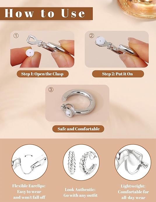 BESTEEL 3Pairs Clip on Earrings for Women Trendy Hypoallergenic 14K Gold Plated Chunky Tube Croissant Waterdrop Clip-on Hoop Earrings Set Fake Jewelry Non Pierced Ears