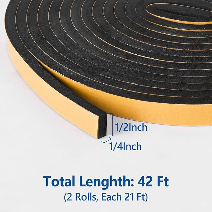 Kikerike Self Adhesive Foam Tape Weatherstrip 1/2In x 1/4In x 42Ft High Density - Image 2