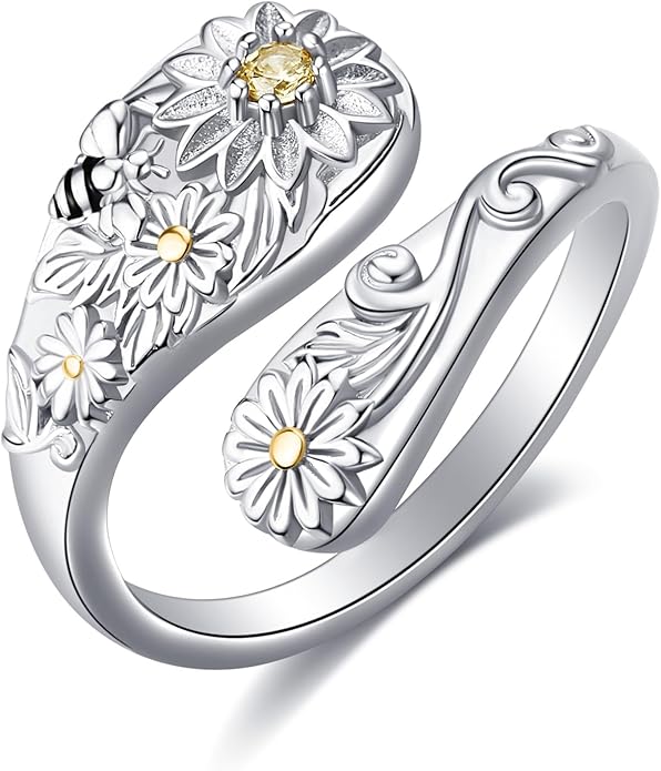 Spoon Rings 925 Sterling Silver Adjustable Hummingbird/Shark/Daisy/Tree Of Life/Dragonfly/Witches Knot/Sea Turtle Ring Thumb Rings Birthday Jewelry Gifts for Women Mother