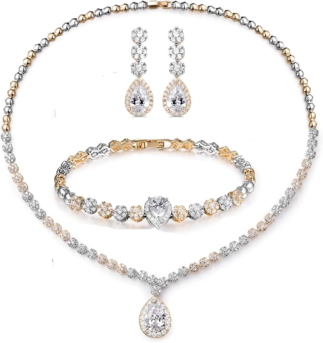 Hadskiss Jewelry Set for Women, Necklace Dangle Earrings Bracelet Set with White AAA Cubic Zirconia, Allergy Free Wedding Party Jewelry for Bridal Bridesmaid