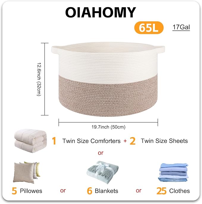 OIAHOMY Large Blanket Basket for Living Room, 19.7" x 12.6" Woven Cotton Rope - Image 2