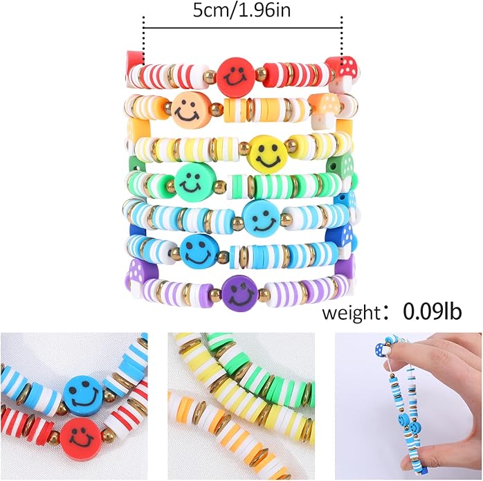 Bohemian Colorful Beaded Bracelets for Women Boho Stackable Natural Stone Letter Clay Glass Beads Stretch Bracelet Set with Charm, Cute Rainbow Friendship Bracelets for Summer Vacation