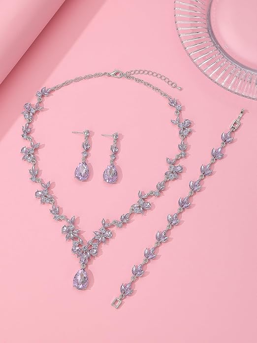 Bridal Wedding Elegant Floral Jewelry Set for Women/Brides/Bridesmaids Crystal Jewelry Set for Wedding Prom Party Bridal Crystal Necklace Earrings Bracelet Set