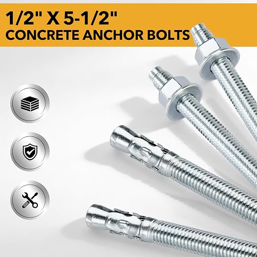 1/2" x 5-1/2" 50PCS Concrete Wedge Anchors, Heavy-Duty Cement Anchor Bolts - Image 6