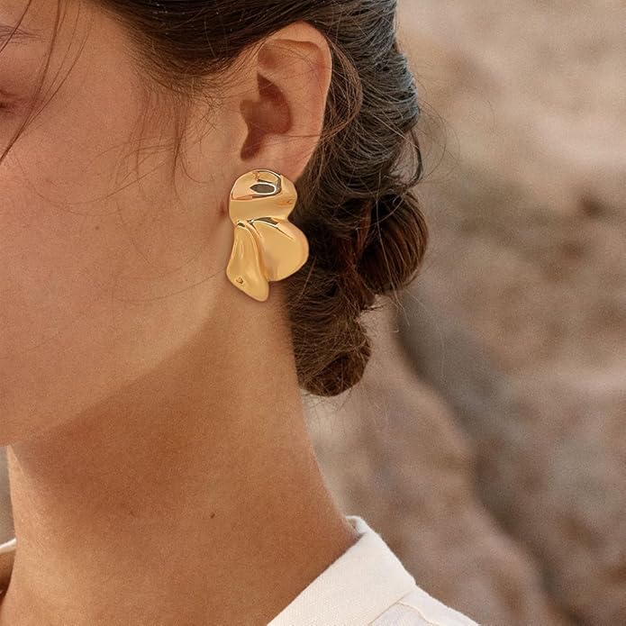 Chunky Gold Statement Earrings For Women Gold Plated Sectored Flower Leaf Shell Angel Wing Earrings Trendy Boho Jewelry For Women Large Stud Earrings Hypoallergenic Earrings