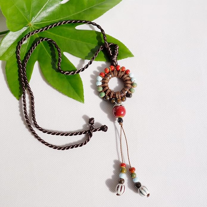 Boho Style Colorful Ceramic Bead Strand Necklace Adjustable Bohemian Jewelry Gift for Women, Fashion Clothing Matching Necklace
