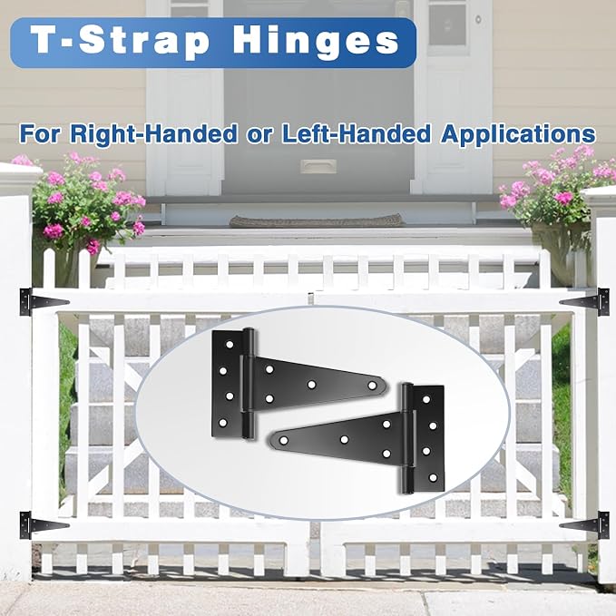 8 Inch T-Strap Gate Hinges, Heavy Duty Black Barn Door Hinges, 6 Pack | T-Strap - Image 4