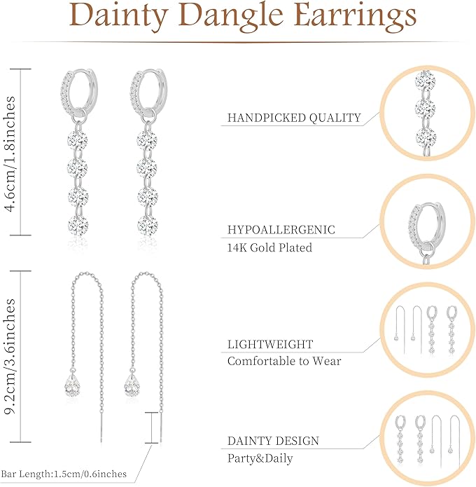 Dangle Earrings For Women Trendy 14K Gold Plated Drop Silver Long Dangling Dainty CZ Simple Hanging Jewelry