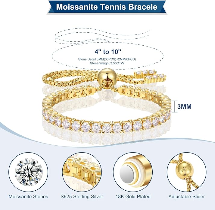 Moissanite Tennis Bracelet 1.79ct-8.69ct Adjustable Bracelet for Women 18K White Gold Plated S925 Sterling Silver Tennis Bracelet D Color VVS1 Round Cut 2/3/4mm Moissanite Bracelet Gifts for Wife/Mom