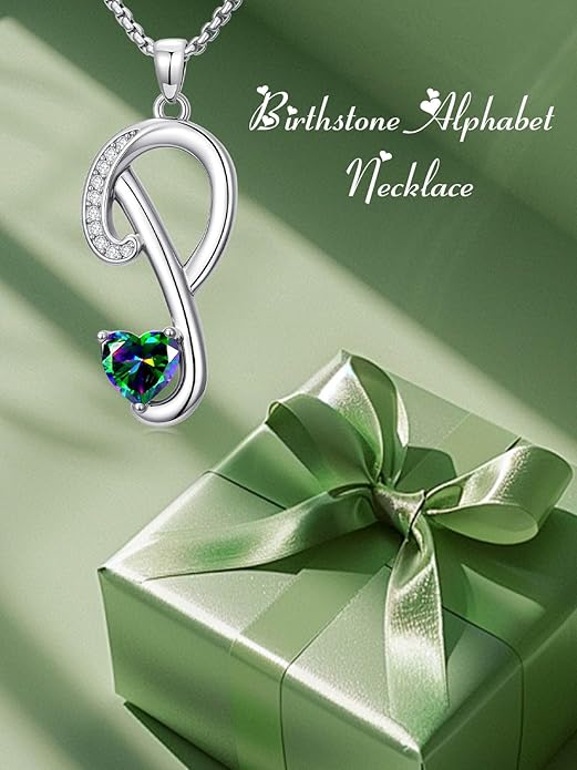 Valentines Day Gifts for Women Alphabet A to Z Initial Birthstone Pendant Necklaces for Women - 18k White Gold Plated Personalized Name Jewelry Valentine Mothers Day Birthday Gifts for Women Her Girlfriend
