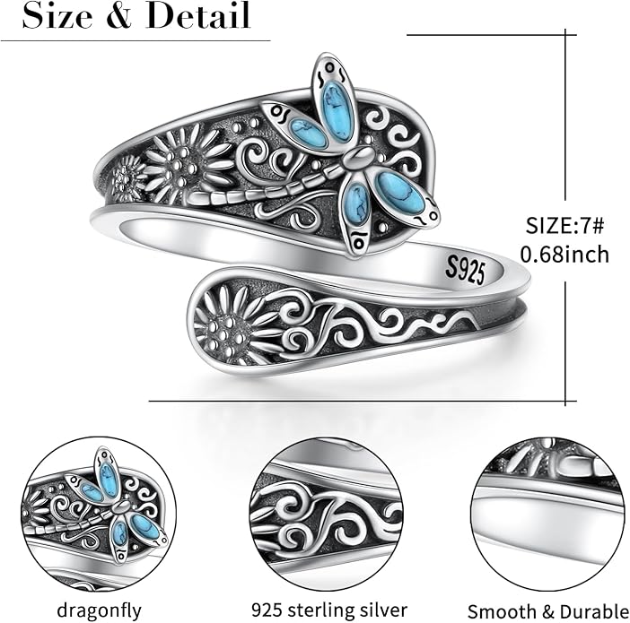 925 Sterling Silver Spoon Rings Butterfly/Dragonfly/Hummingbird/Cross Adjustable Sunflower Thumb Ring For Women Turquoise Boho Ring Vintage Rings Unique Jewelry Present for Christmas Mother's Day