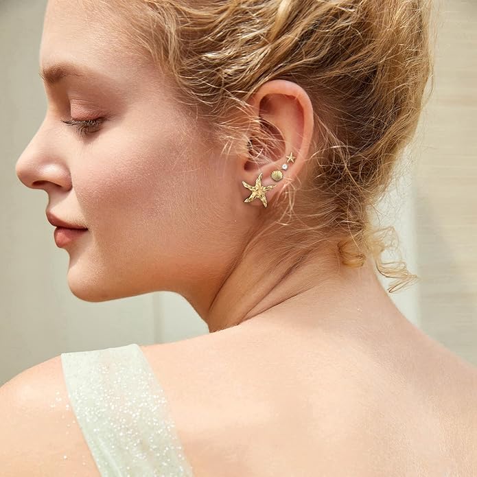 14K Gold Plated Shell Starfish Dainty Pearl Earrings for Women Trendy 4 Pairs Summer Beach Vacation Earrings for Women Ocean Jewelry Valentine's Jewelry Gifts