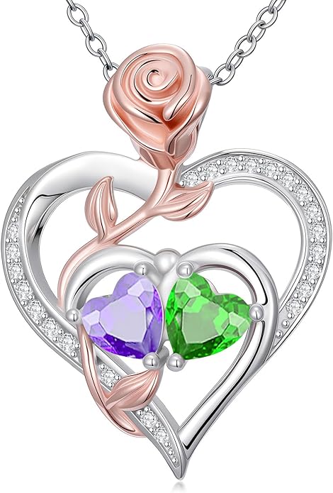 Rose Flower Heart Pendant for Women Birthday Gifts 18k Gold Plated Mother Daughter Necklace with 12 Months Birthstone Christmas Valentines Day Gifts for Her Mom Anniversarry Jewelry for Mom Wife Girlfriend