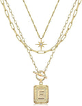 MJartoria Layered Initial Necklaces for Women Trendy, 14K Gold Plated Brass Simple Star Choker Square Letter Pendant Necklace, Paperclip Chain Necklaces Jewelry Gifts