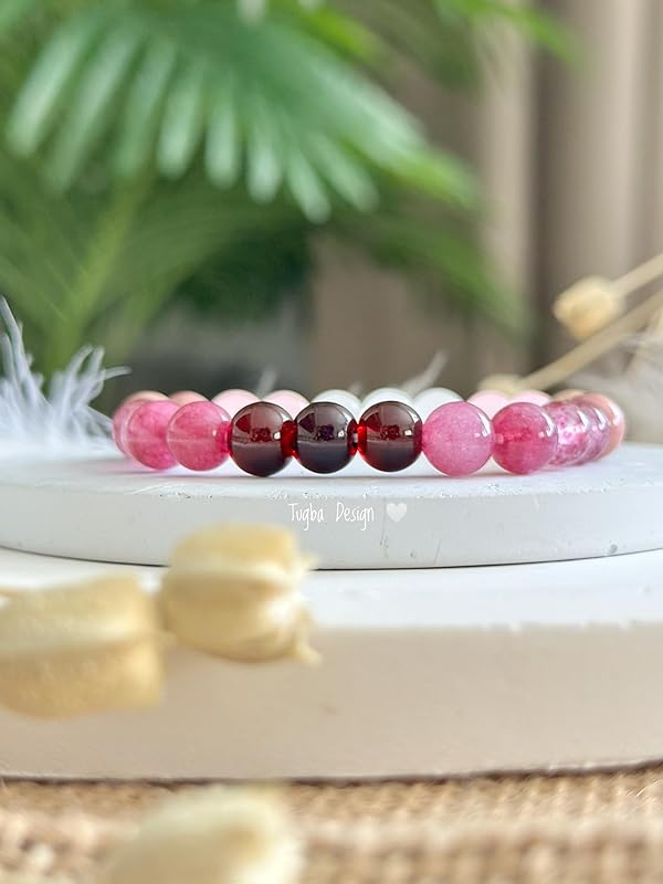 Valentines Day Gift Love Energy Crystal Bracelet for Women – Garnet, Quartz, Rose Quartz, Rhodonite & Moonstone | Gifts for Easter Basket, Birthday, Mothers Day Healing Gemstone Bracelet Gift for Her