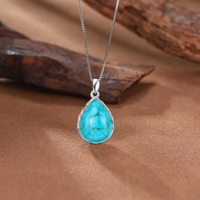 Genuine Turquoise Teardrop Necklace,925 Sterling Silver Native American Boho Western Dainty Pendant Real Gemstone Jewelry Birthdays Gift for Women Minimalist Lover