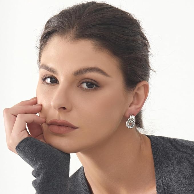 Silver Chunky Knot Earrings Geometric Drop Dangle Trendy Earrings Studs for Women_M Size
