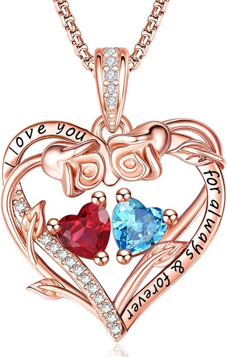 Rose Heart Necklaces for Women, Rose Gold Forever Love Jewelry with 2 Birthstones Pendant,Valentines Anniversarry Birthday Gifts for Her Wife Mom Grandma Daughter, 18+2 Inch Chain