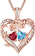 Rose Heart Necklaces for Women, Rose Gold Forever Love Jewelry with 2 Birthstones Pendant,Valentines Anniversarry Birthday Gifts for Her Wife Mom Grandma Daughter, 18+2 Inch Chain