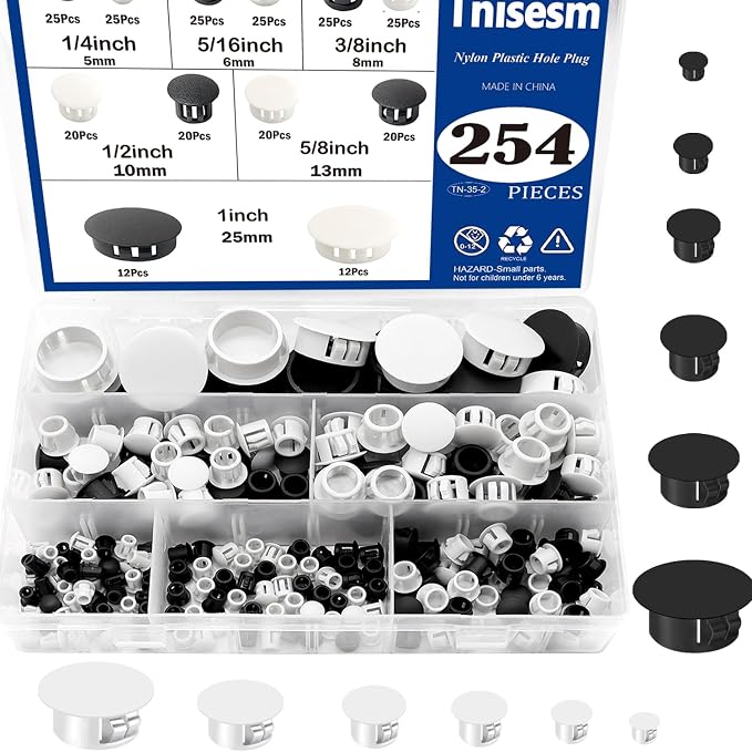 Tnisesm 254Pcs 6 Sizes Nylon Plastic Hole Plug Kits 1/5" 1/4" 5/16" 3/8" 1/2" by Tnisesm
