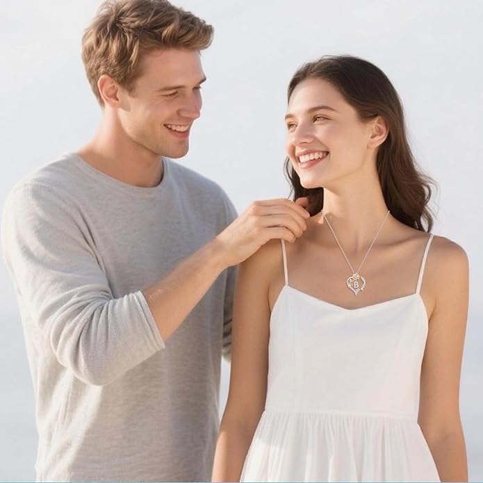 Valentines Day Gifts Rose Heart Letter Initial Necklace for Women, S925 Sterling Silver Pendant Necklace Adjustable Dainty Rose Flower Jewelry Gift for Her