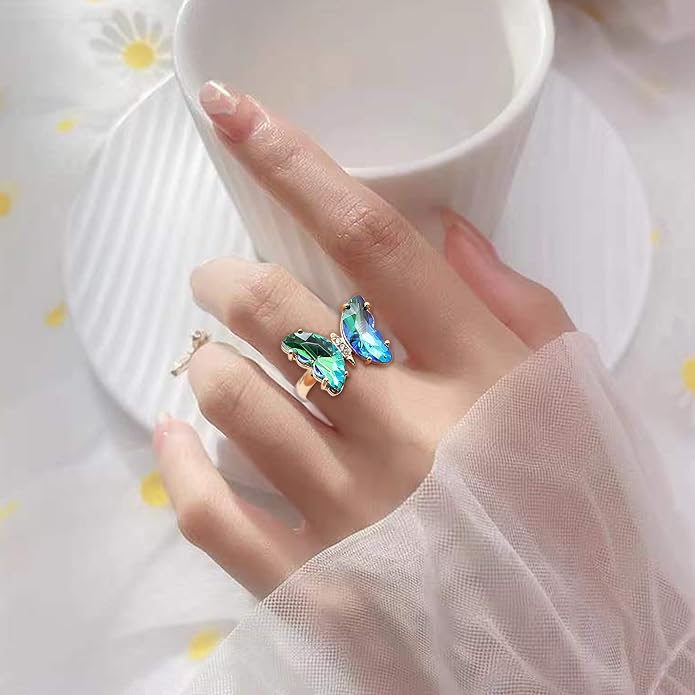 MISS RIGHT Butterfly Crystal Jewelry Set with Butterfly Necklace Stud Earrings Bolo Bracelet Adjustable Ring for Women Trendy, Iridescent Y2K Dainty Butterfly Jewelry Gifts