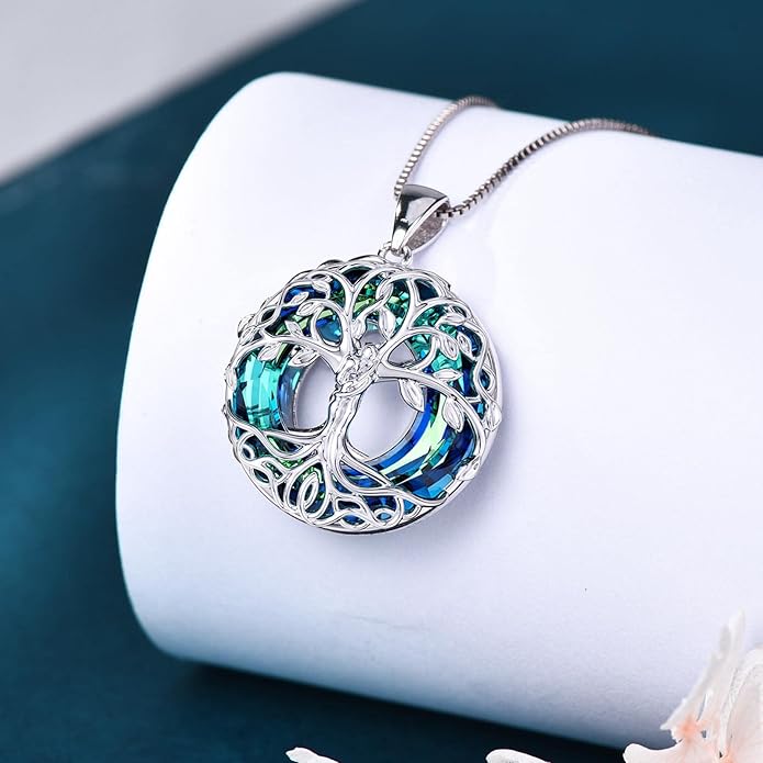 Tree of Life Crystal Necklace for Women Sterling Silver Couples Hug Tree Pendant Necklaces Gifts for Wife Anniversary Birthday Christmas
