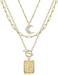 MJartoria Layered Initial Necklaces for Women Trendy, 14K Gold Plated Brass Simple Moon Choker Square Letter Pendant Necklace, Paperclip Chain Necklaces Jewelry Gifts