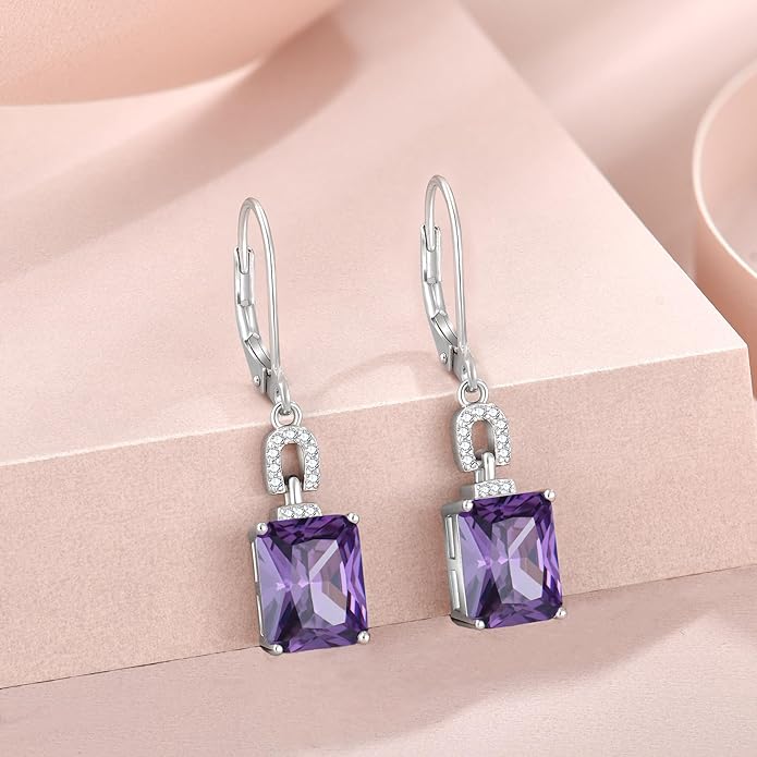 Emerald Cut Earrings 925 Sterling Silver Baguette Birthstone Dangle Drop Leverback Earrings Jewelry Gifts for Women