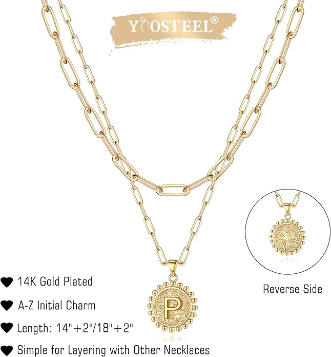 Yoosteel Valentines Gifts for Women Her - Gold Layered Initial Necklaces for Women 14K Gold Plated Dainty Layering Paperclip Link Chain Necklace Coin Initial Necklace Birthday Gifts for Teen Girls
