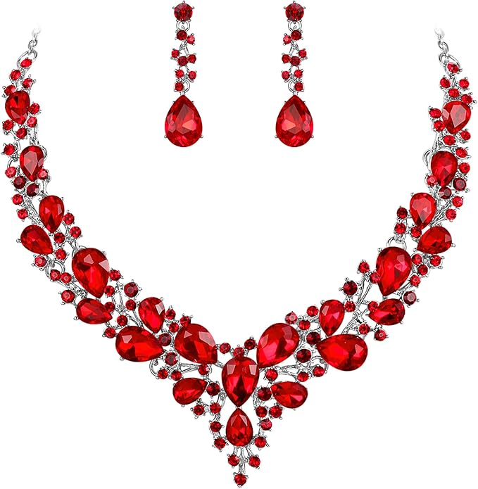 BriLove Women's Wedding Bridal Austrian Crystal Teardrop Cluster Statement Necklace Dangle Earrings Jewelry Set