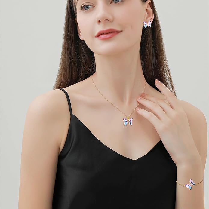 MISS RIGHT Butterfly Crystal Jewelry Set with Butterfly Necklace Stud Earrings Bolo Bracelet Adjustable Ring for Women Trendy, Iridescent Y2K Dainty Butterfly Jewelry Gifts