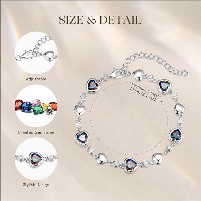 Carleen Birthstone Bracelets for Women 925 Sterling Silver Five Heart Station Created Gemstone Tennis Bracelet Jewelry Anniversary Birthday for Wife, 7"+1.2" Extender