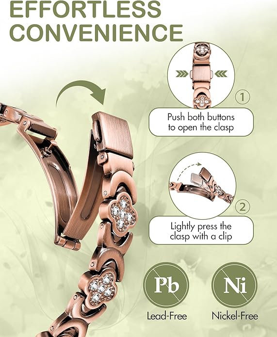 Feraco Pure Copper Bracelets & Rings for Women, Ultra Strength Magnetic Bracelet for Women with Neodymium Magnets & Sparkling Cubic Zirconia, Adjustable, Infinite Clover Jewelry