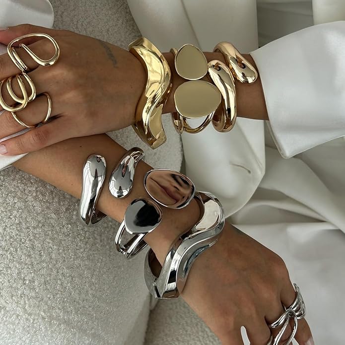CASDAN Chunky Gold Bangle Bracelets for Women Dainty 14k Gold Plated Twist Hinged Cuff Stackable Bangles Set Trendy Statement Bracelet Stack Fashion Jewelry Gifts