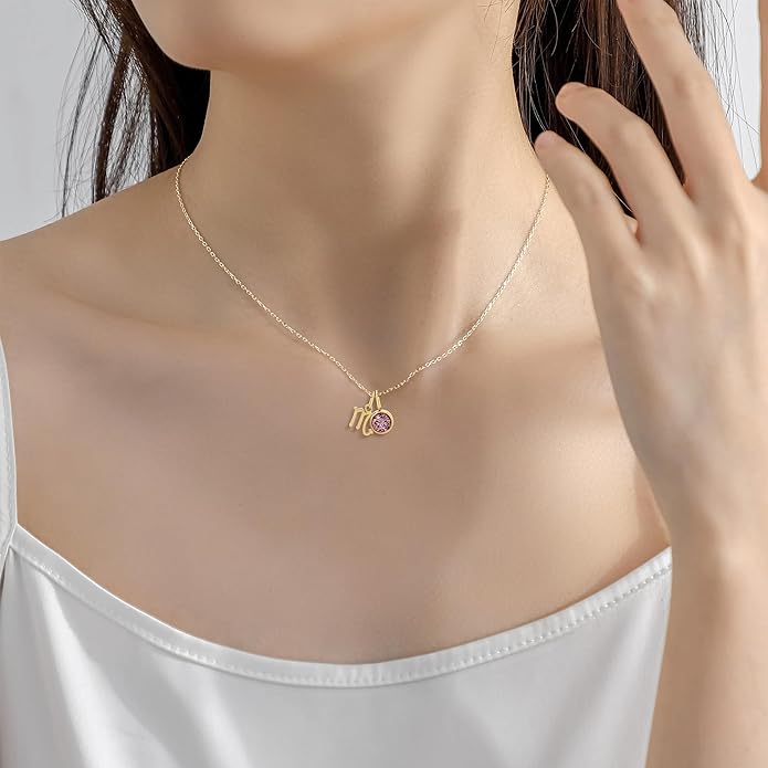 MISS RIGHT Initial Birthstone Necklace for Women - Personalized Gifts Birthday Gifts for Women Stainless Steel 18K Gold Plated Dainty Gold Zodiac Sign 12 Constellation Horoscope Necklace Jewelry