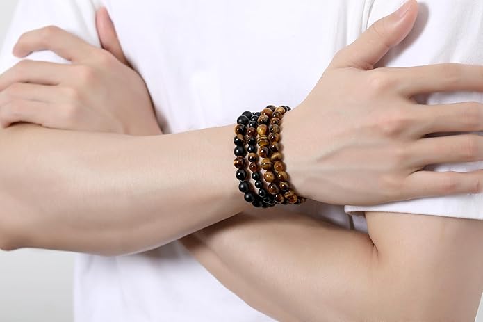 XIANNVXI Natural Stone Beads Bracelet for Men Crystal Bracelets 8MM Tiger Eye Lava Rock Obsidian Beaded Bracelet Set Black/Red/Blue Crystal Beaded Bracelets for Men