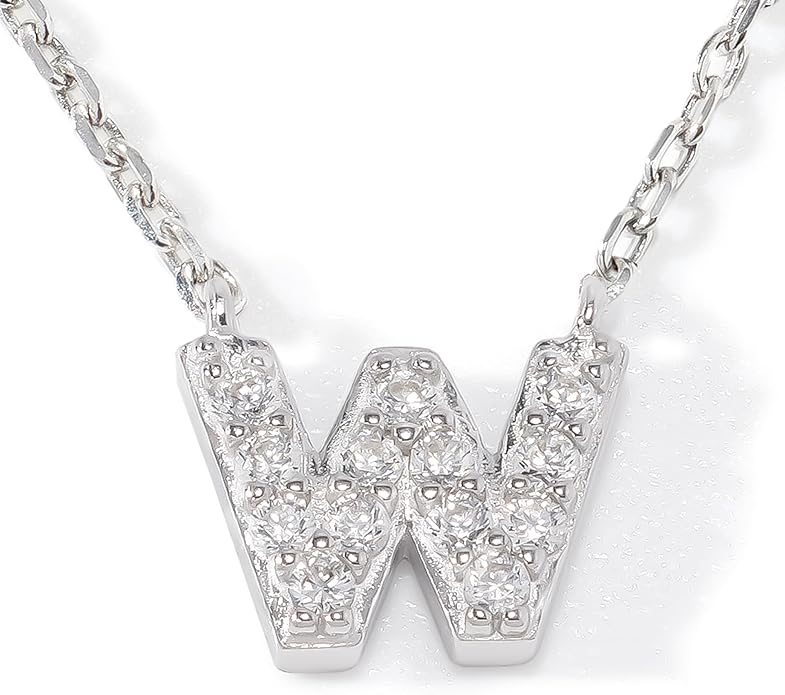 JTV Sterling Silver Initial Necklace for Women, 0.13 CTW White Cubic Zirconia Letter Pendant, Rhodium-Plated, Personalized Monogram Jewelry, Gift Box Included, 18”
