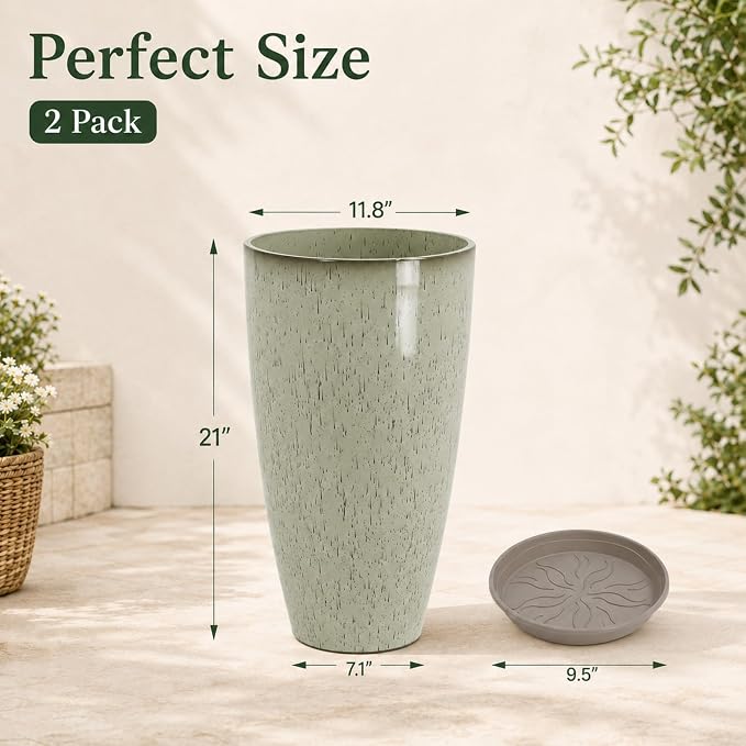 Neoaider Set of 2 Tall Planter, 21 inch Large Plastic Planter, Drip Glaze | - Image 3